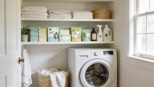 A serene laundry room showcasing eco-friendly plant-based laundry sheets and cleaning products, promoting sustainability and sensitivity for skin health.
