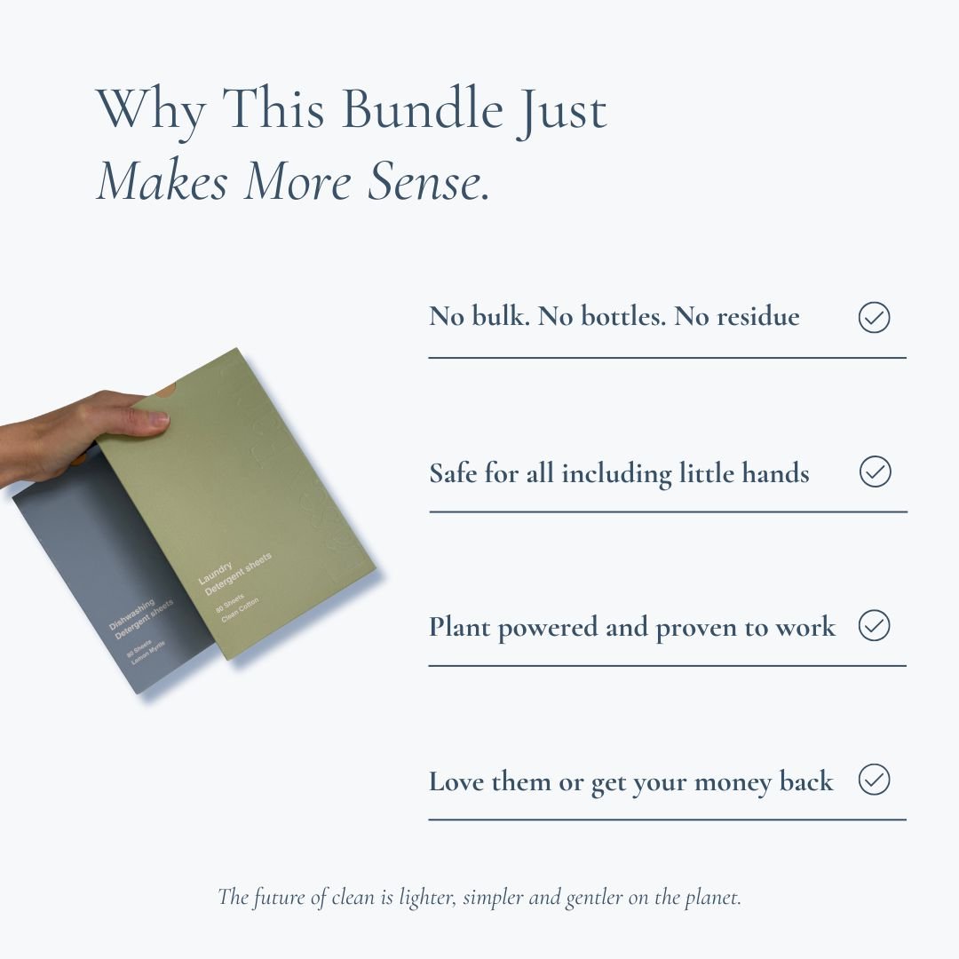 Sustainability Chart: Environmentally friendly laundry sheets vs heavy plastic detergent jugs. Save space & planet.